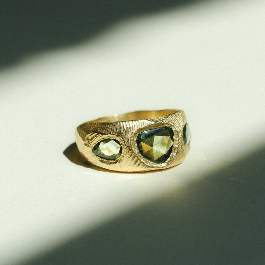 Page Sargisson at E.C.One London CARVED Gold Ring with 3 Green Sapphires