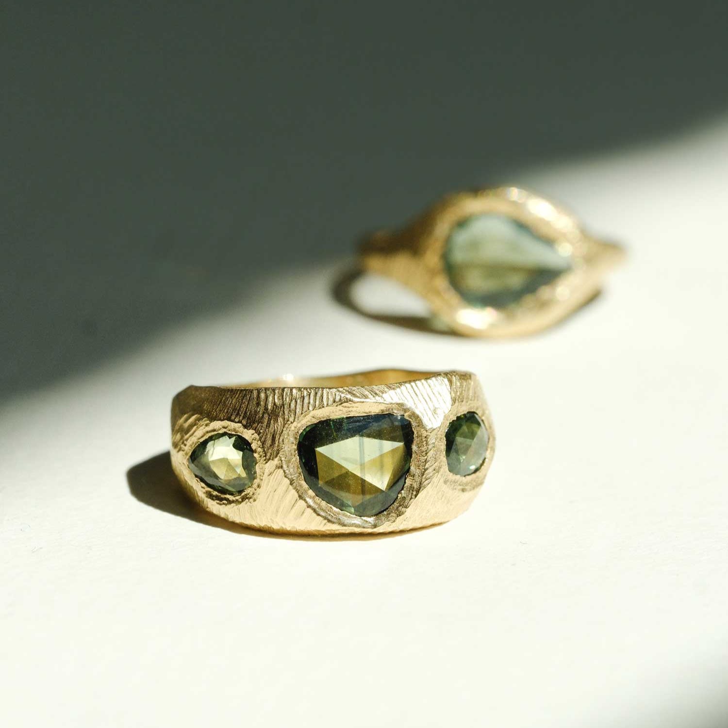 Page Sargisson at E.C.One London CARVED Gold Ring with 3 Green Sapphires