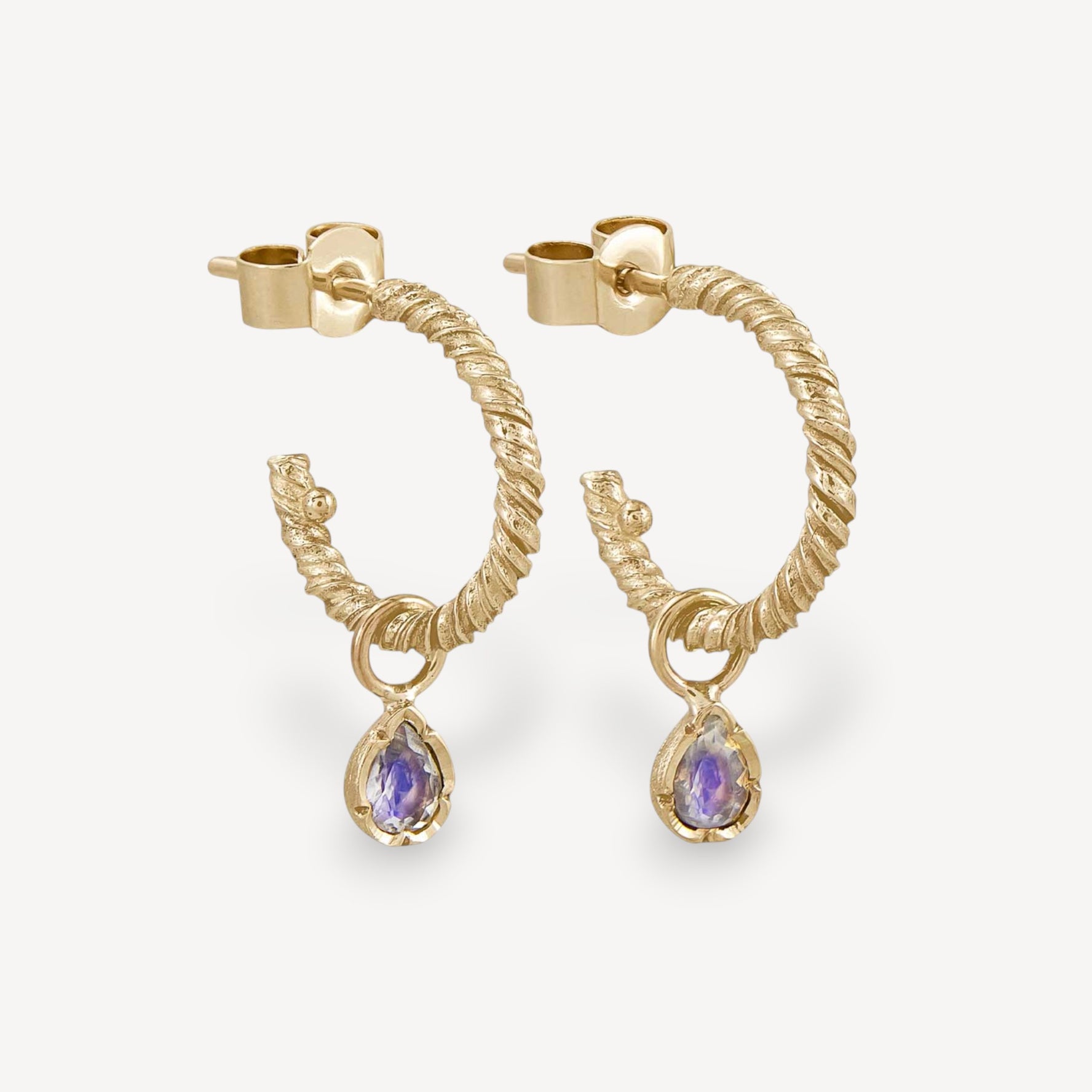 Pair Gold Twist Hoop Earrings with Pear-Shaped Moonstone Drops