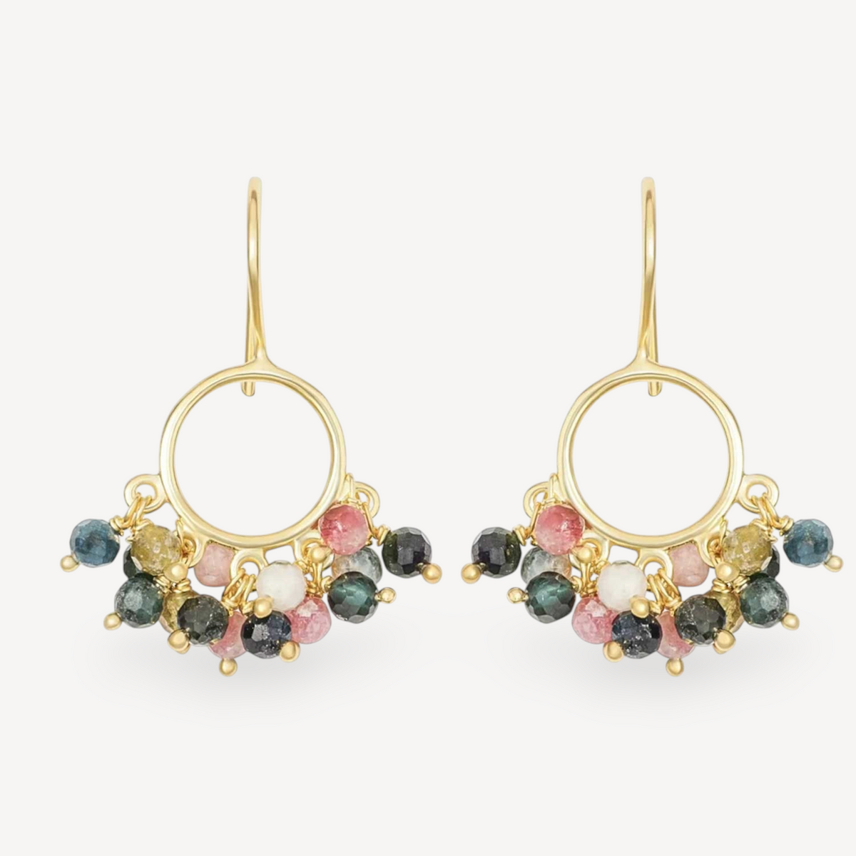 EC One CORA circle drop earrings featuring multi-coloured tourmaline beads on gold plated silver hooks.
