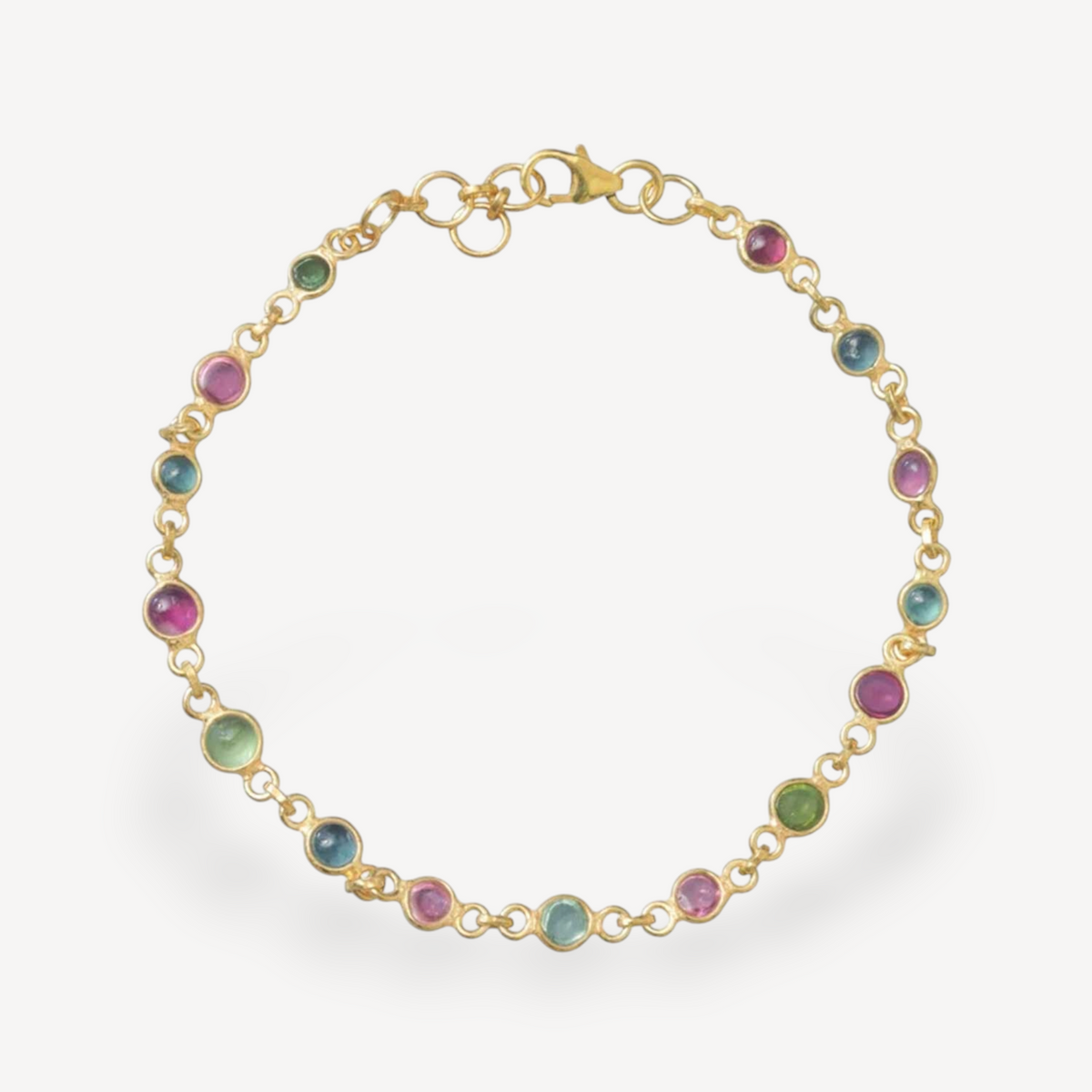 EC One gold link chain bracelet featuring round multi-colored tourmaline gemstones in bezel settings