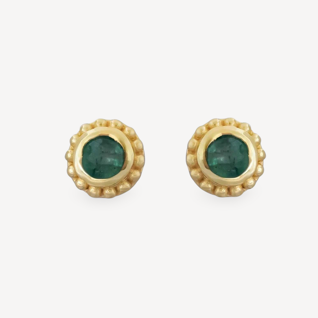 EC One SUNBEAM emerald stud earrings featuring gold plated silver with a beaded edge design.
