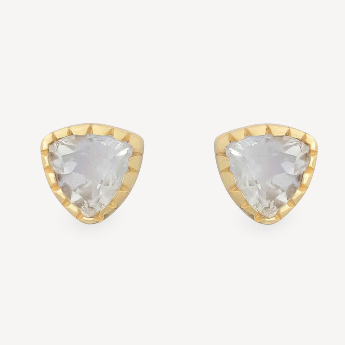 EC One Zelda stud earrings featuring triangular green amethyst gemstones set in gold plated silver