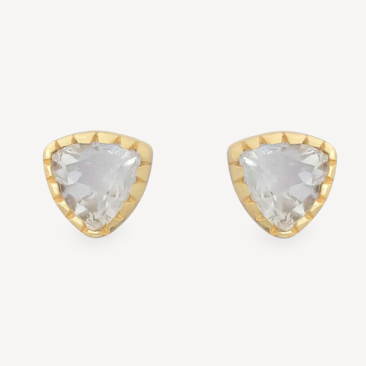 EC One Zelda stud earrings featuring triangular green amethyst gemstones set in gold plated silver