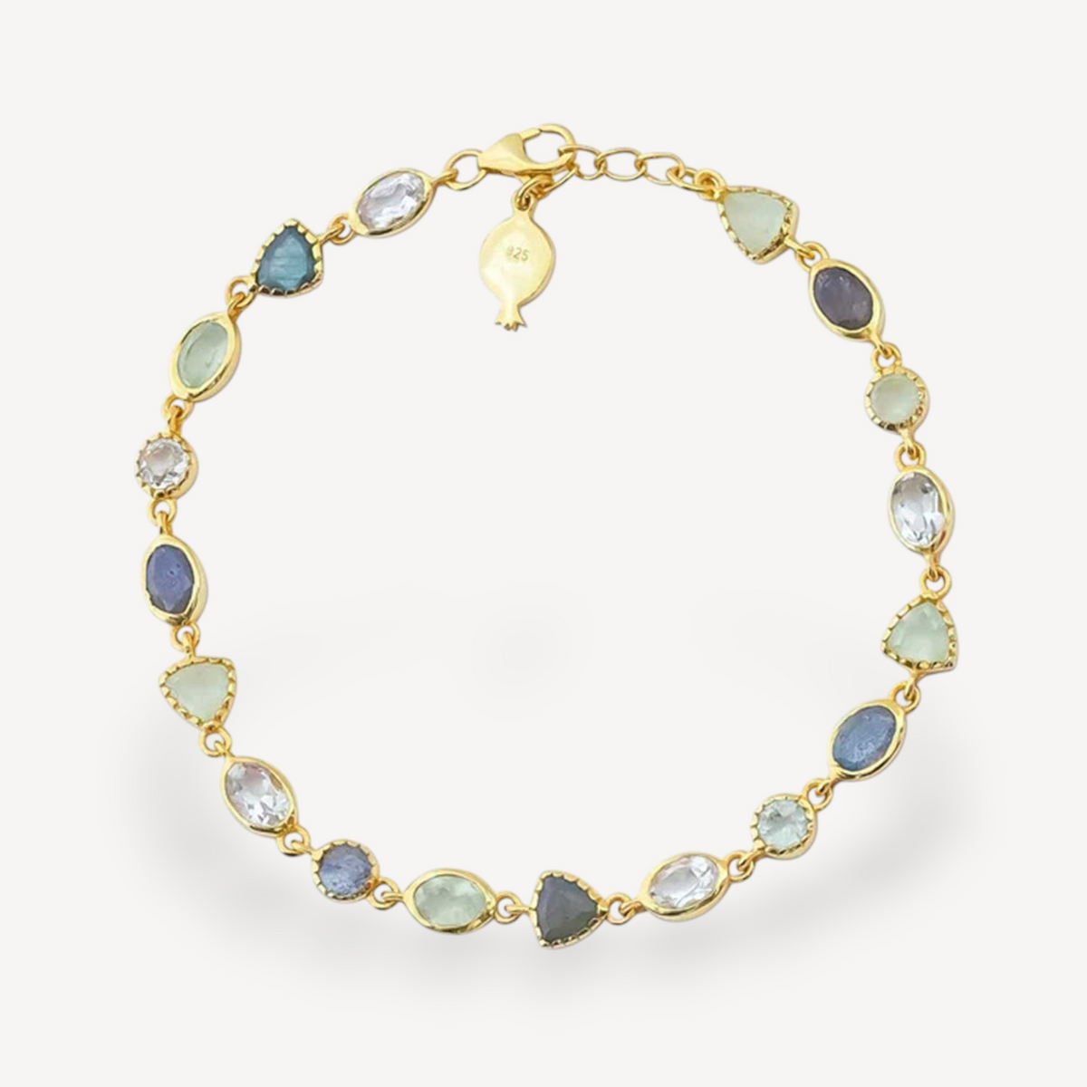 EC One Zelda bracelet featuring multi-shaped tanzanite, topaz, and peridot gemstones set in gold-plated silver.