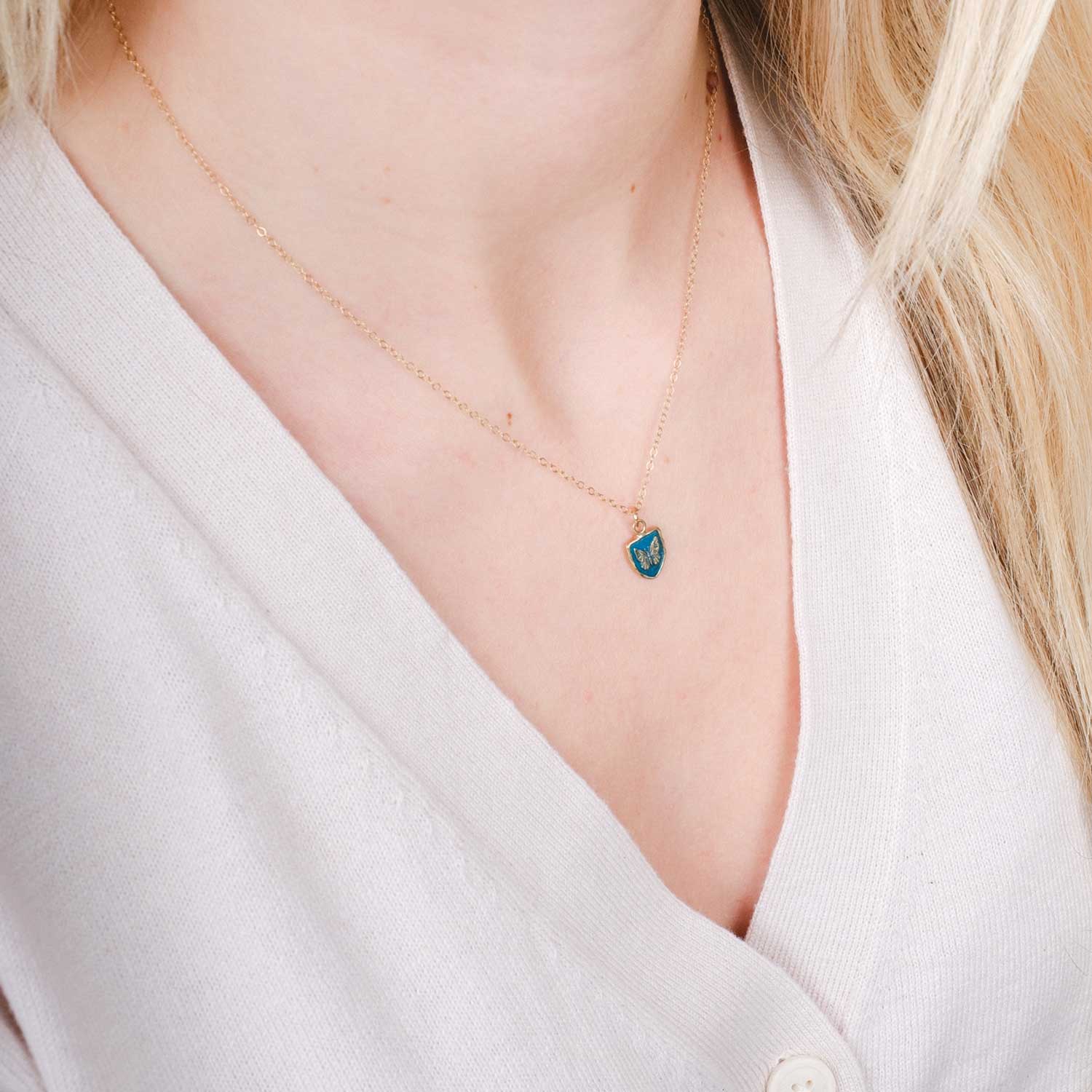 EVER CHANGING Talisman 14ct Yellow Gold Necklace with Blue Ceramic Detail by Pyrrha at ethical jeweller E.C.One London