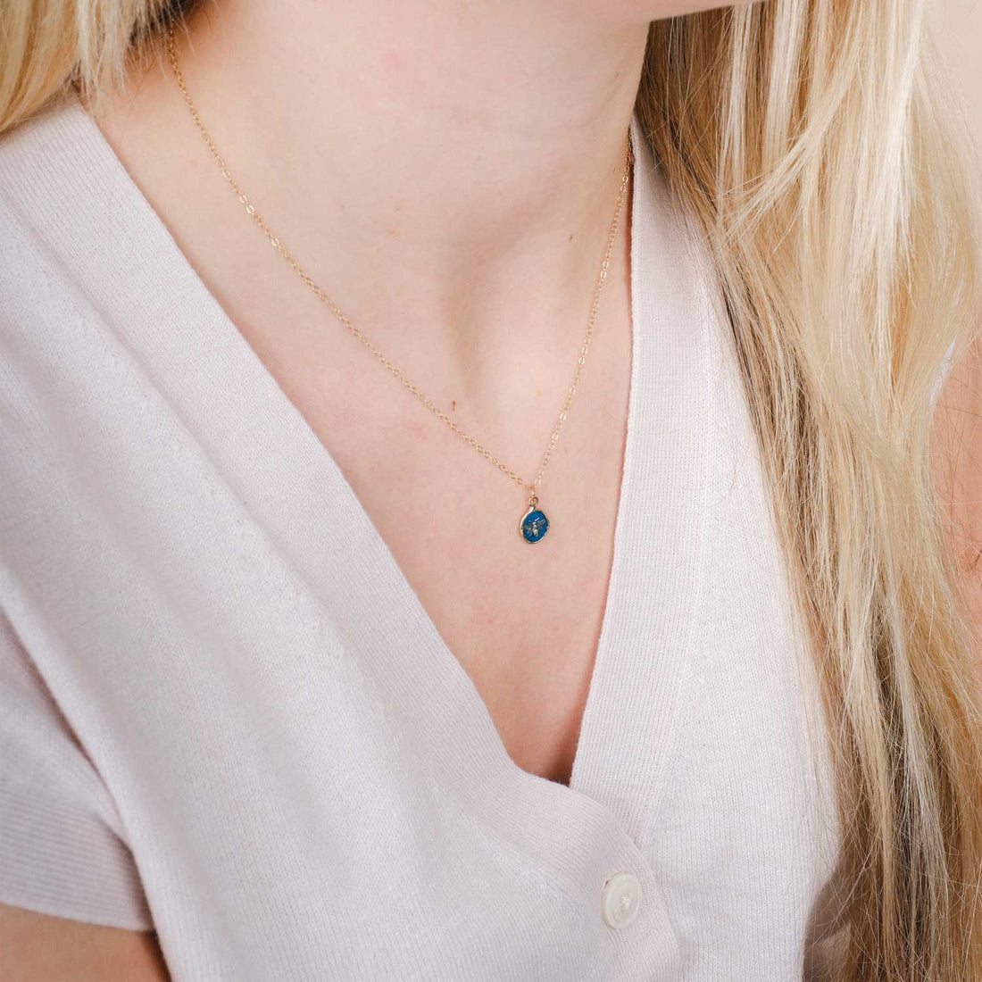 MOTIVATED Talisman 14ct Yellow Gold Necklace with Blue Ceramic Detail by Pyrrha at ethical jeweller E.C.One London