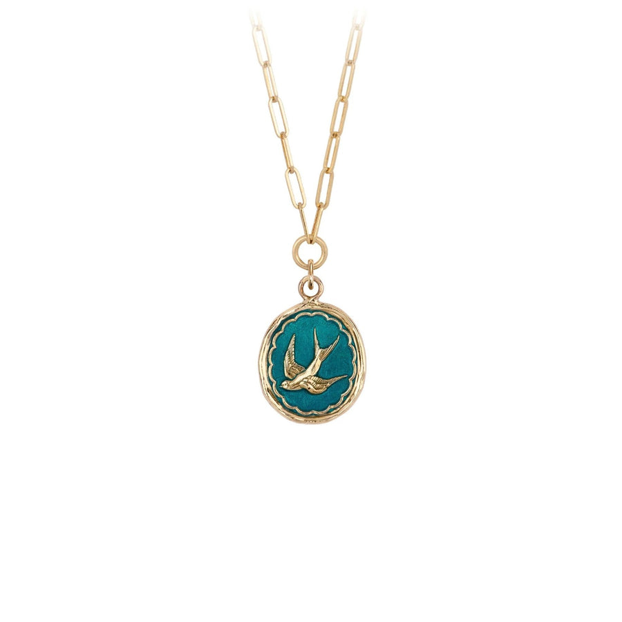 Pyrrha FREE SPIRITED Talisman 14ct Yellow Gold Necklace with Blue Ceramic Detail at ethical jewellers EC One London