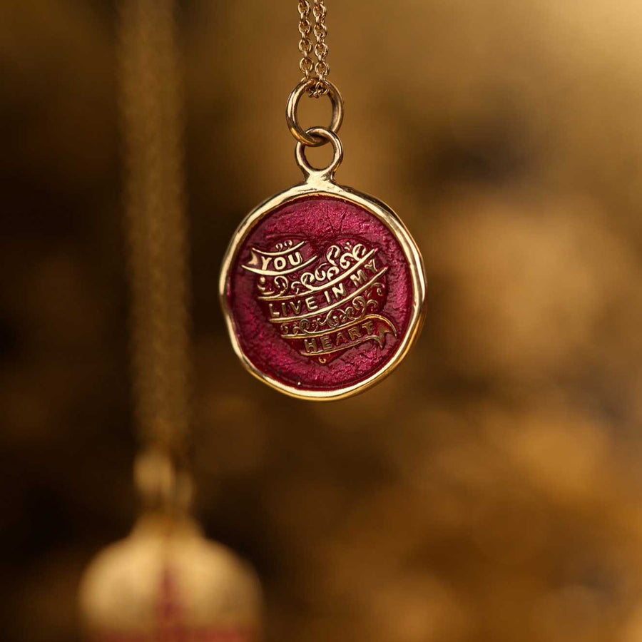 Pyrhha YOU LIVE IN MY HEART Talisman 14ct Yellow Gold Necklace with Red Ceramic Detail at ethical jewellers EC One London