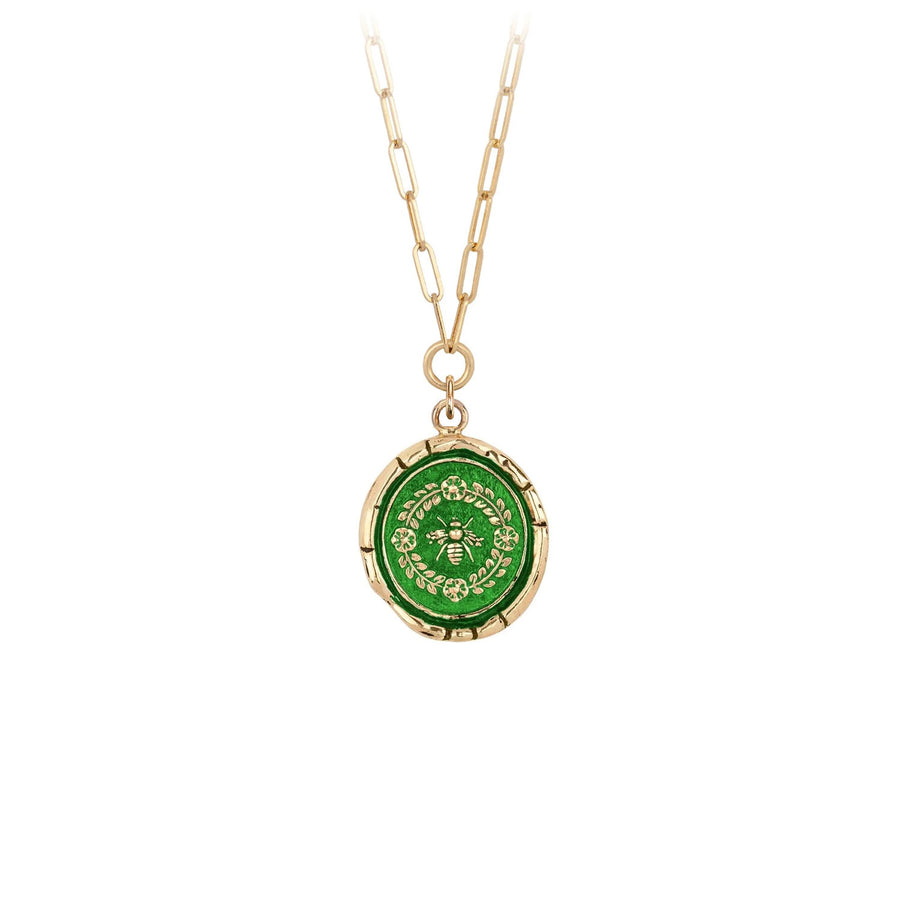 Pyrrha HONEYBEE Talisman 14ct Yellow Gold Necklace with Green Ceramic Detail at ethical jewellers EC One London