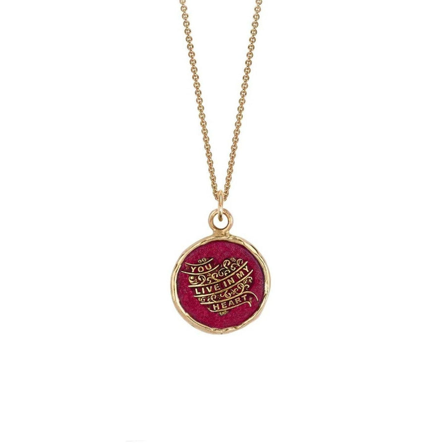 Pyrhha YOU LIVE IN MY HEART Talisman 14ct Yellow Gold Necklace with Red Ceramic Detail at ethical jewellers EC One London