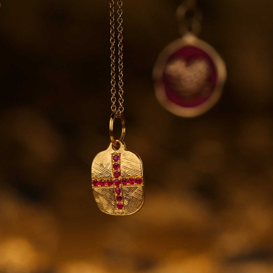 Gold Pendant Necklace with Ruby Cross