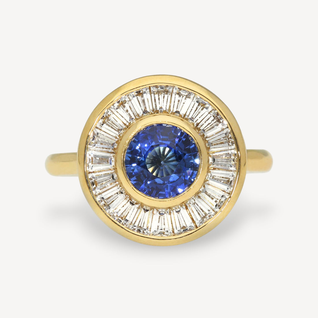 ROSA Yellow Gold Blue Sapphire and Baguette Diamond Halo Engagement Ring