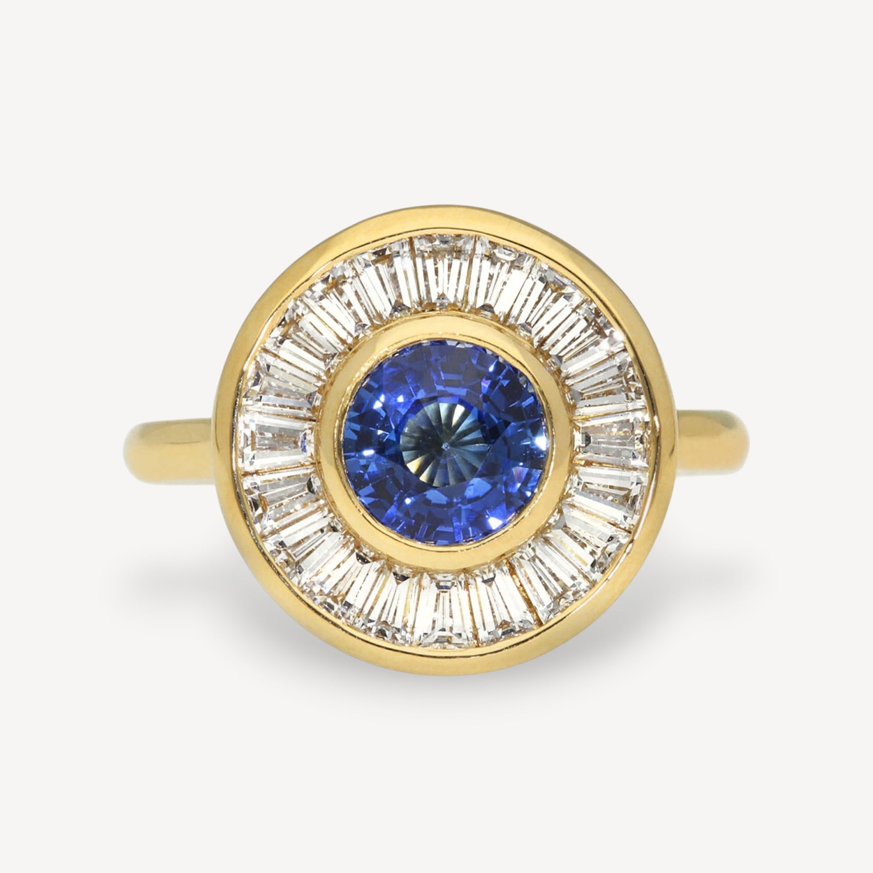 ROSA Yellow Gold Blue Sapphire and Baguette Diamond Halo Engagement Ring