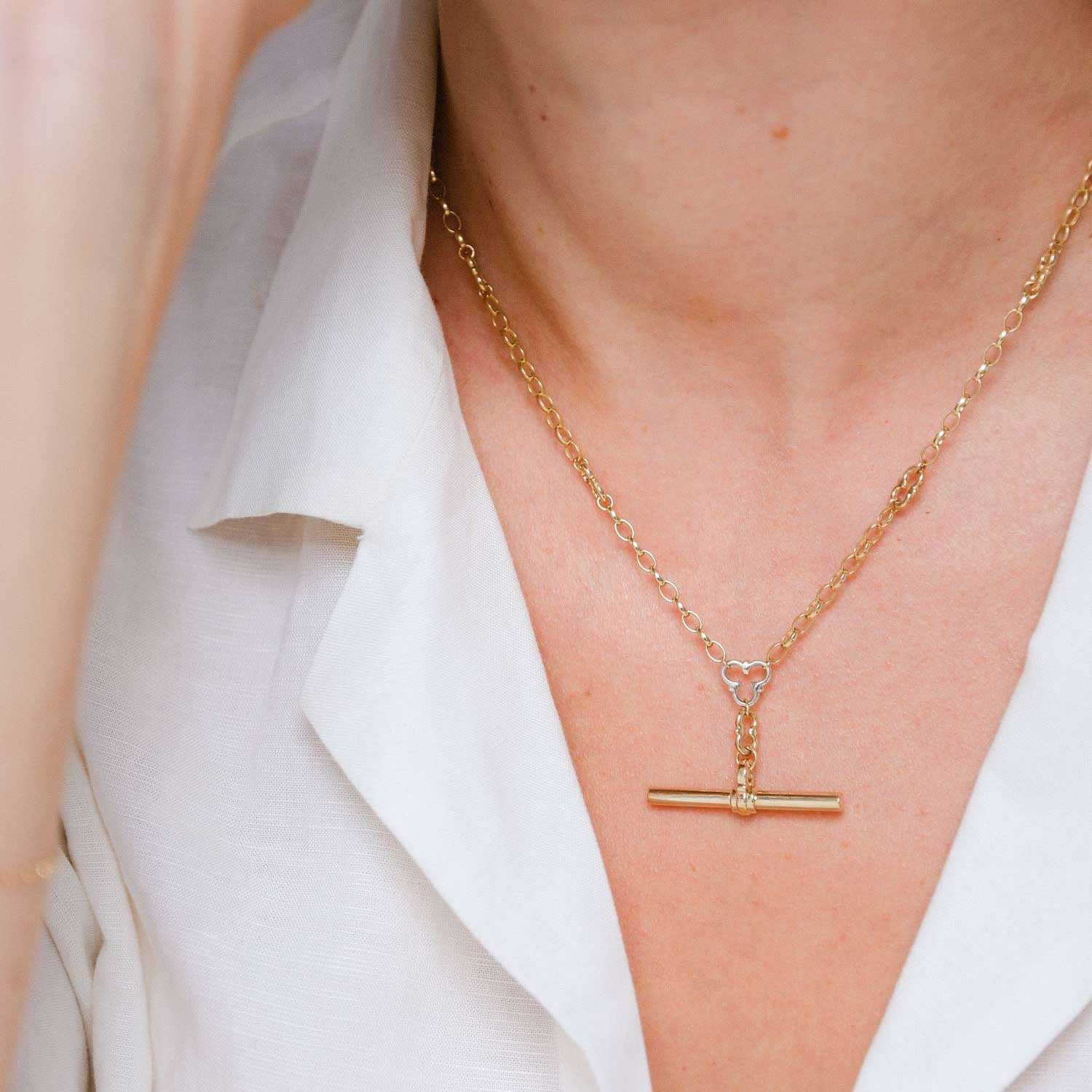 ROSEBERY Necklace Yellow Gold Signature Chain with White Gold Detail & T-Bar by ethical London B Corp jeweller E.C.One