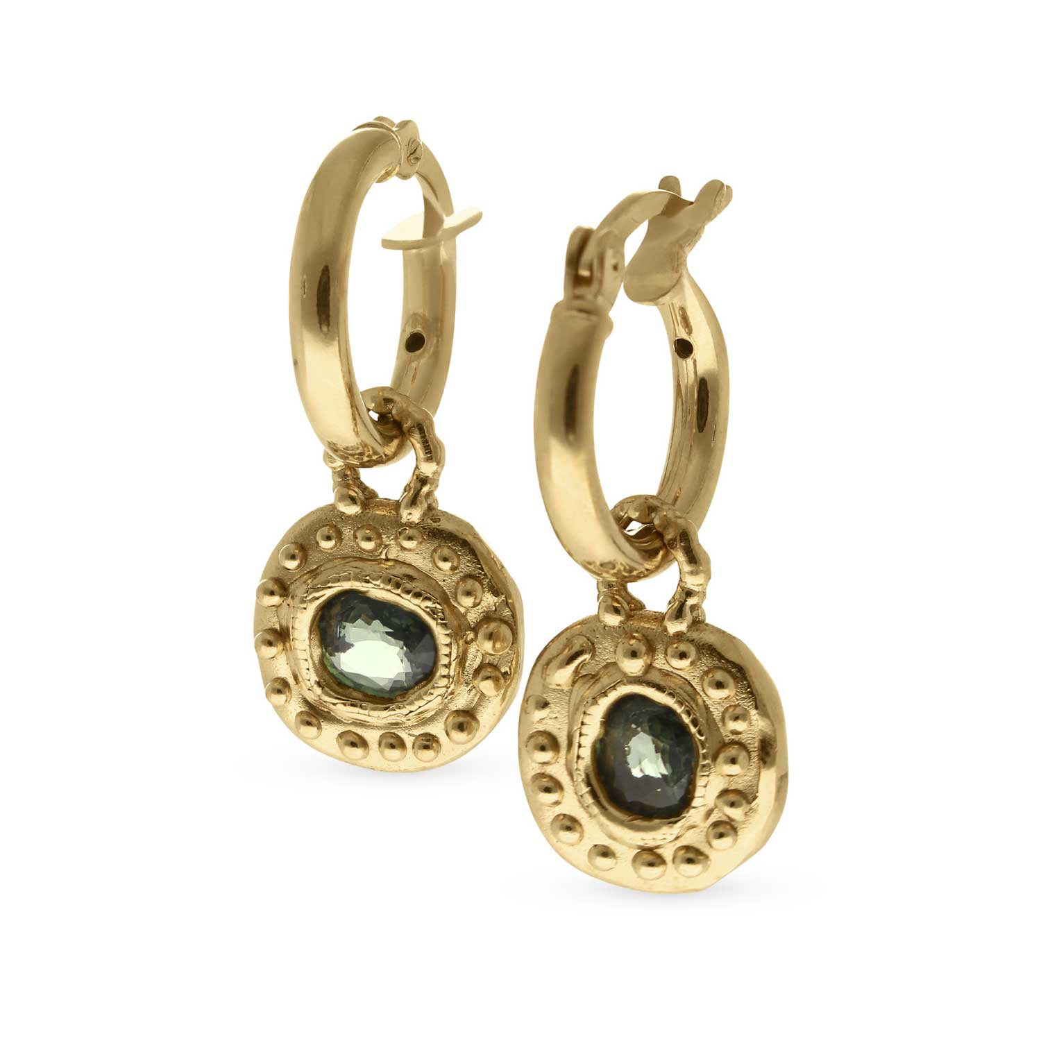 SUN RA Drop Earrings with Green Sapphires By Sharlala at ethical jeweller E.C.One London