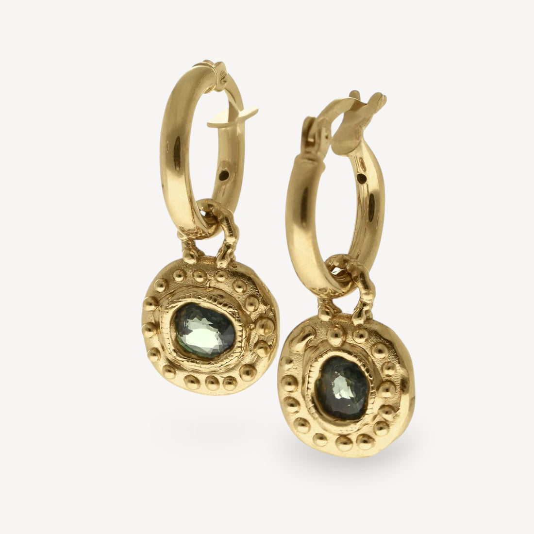 SUN RA Drop Earrings with Green Sapphires By Sharlala at ethical jeweller E.C.One London