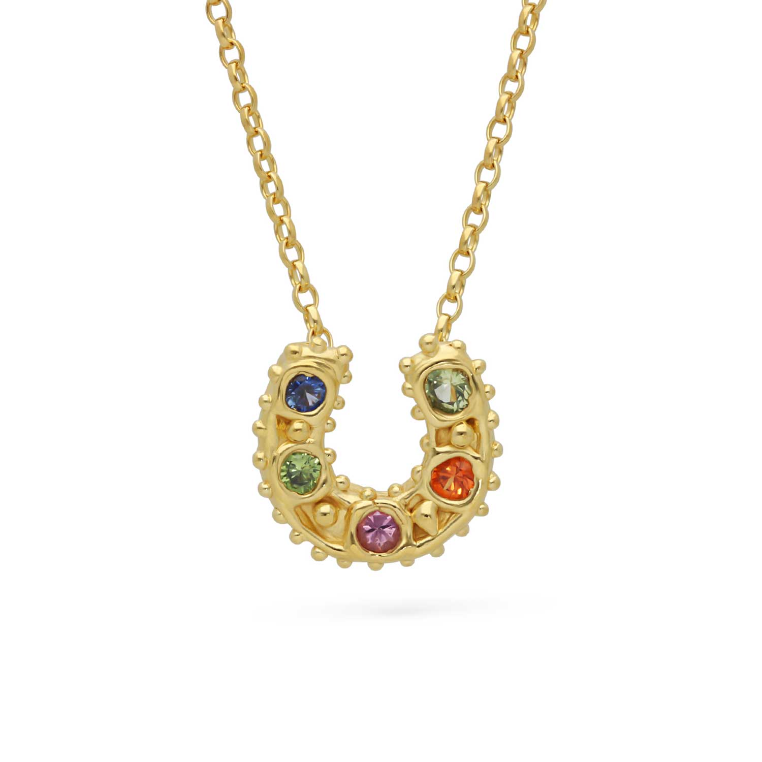 Sharlala at ethical jeweller E.C.One London HORSESHOE Pendant Necklace with 5 Mixed Sapphires