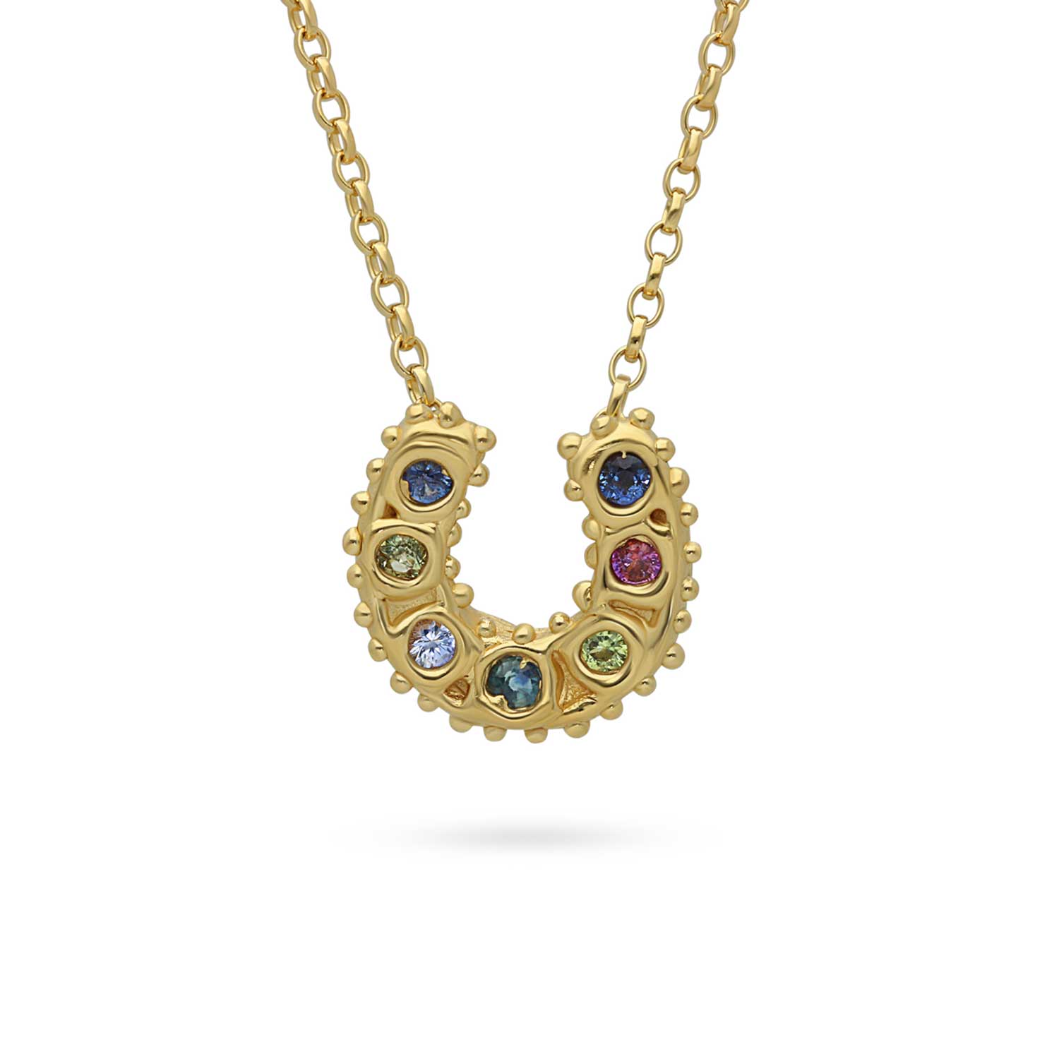 Sharlala at ethical jewellers E.C.One London HORSESHOE Pendant with 7 Mixed Sapphires