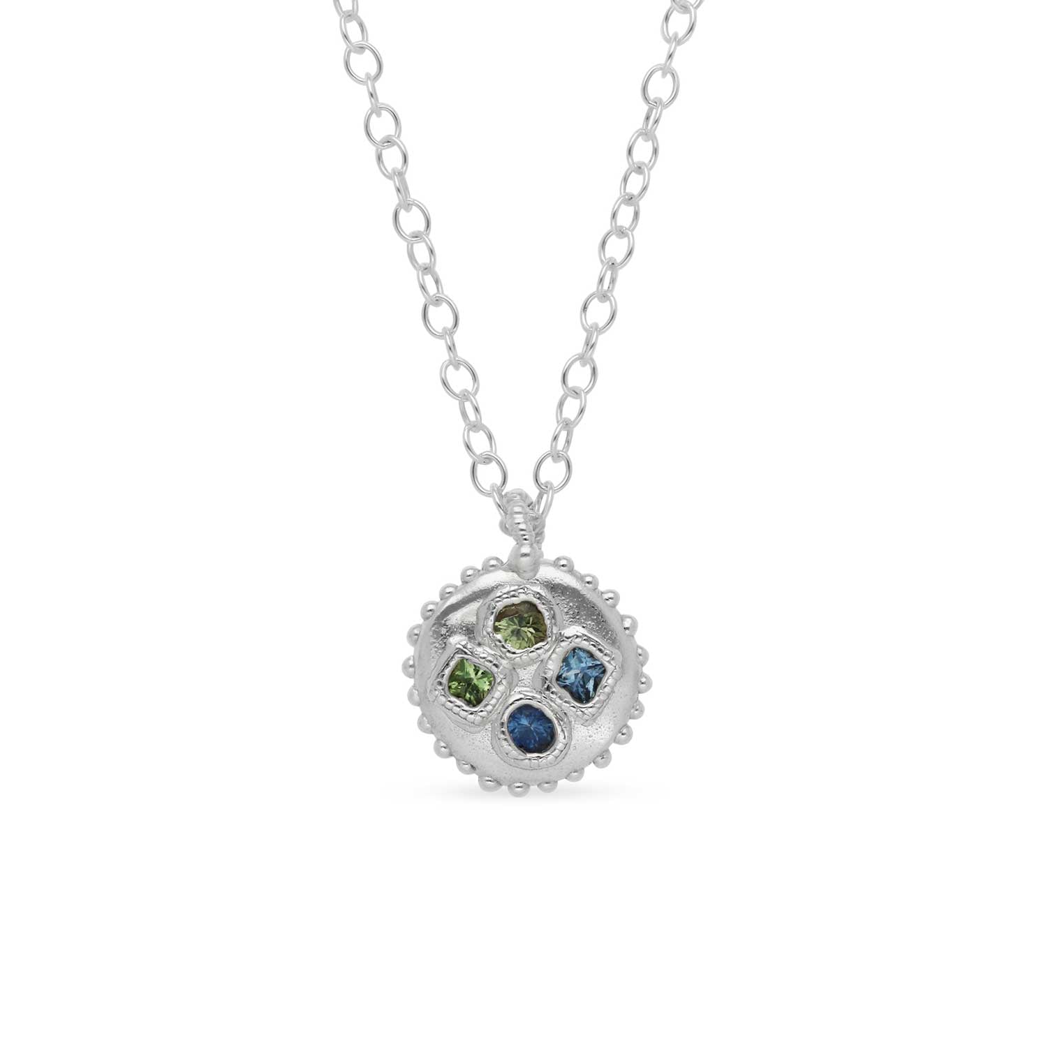 Sharlala at ethical jeweller E.C.One London BLOOM Pendant with Blue and Green Sapphires Silver 
