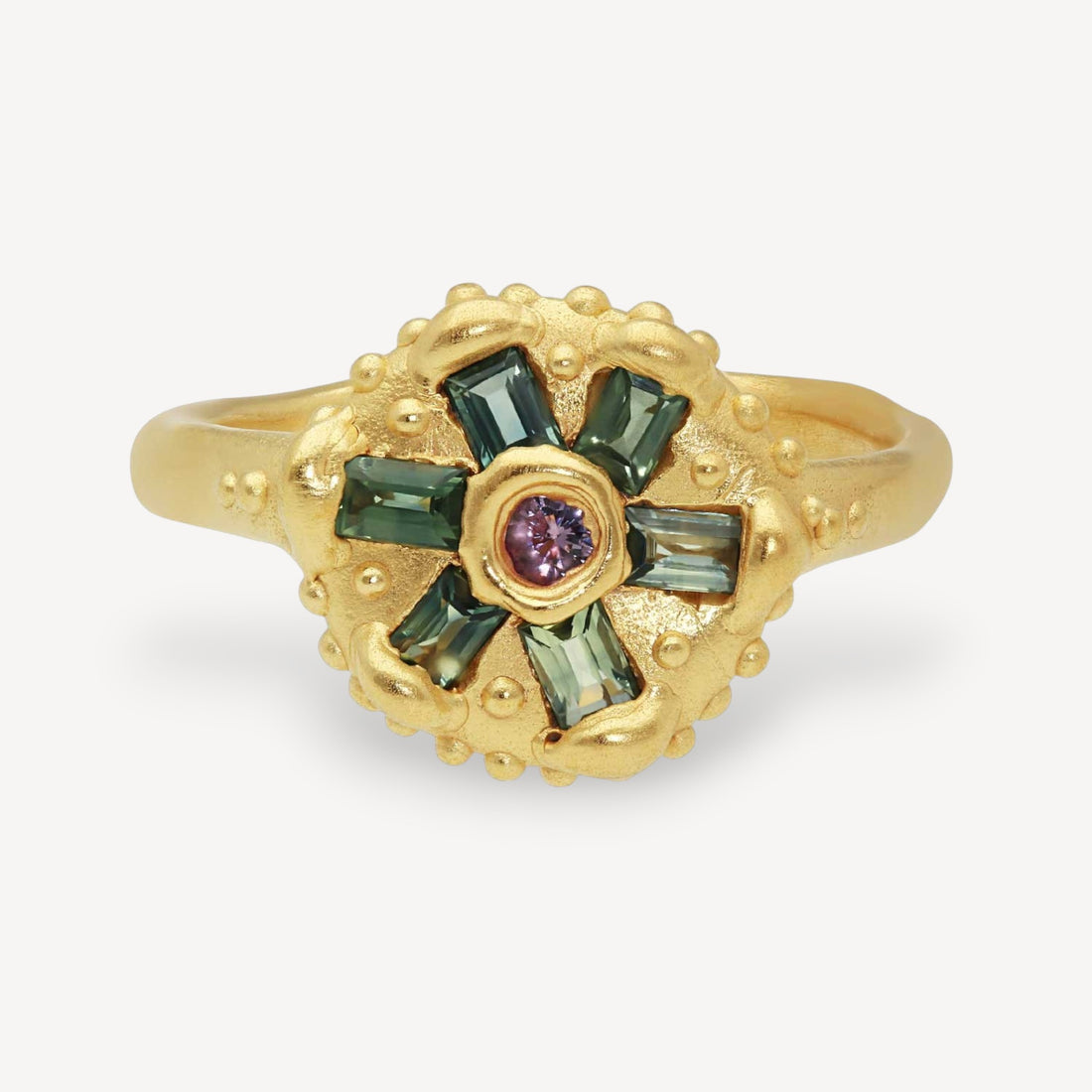 URCHIN Ring with Green & Pink Sapphires Gold Plated