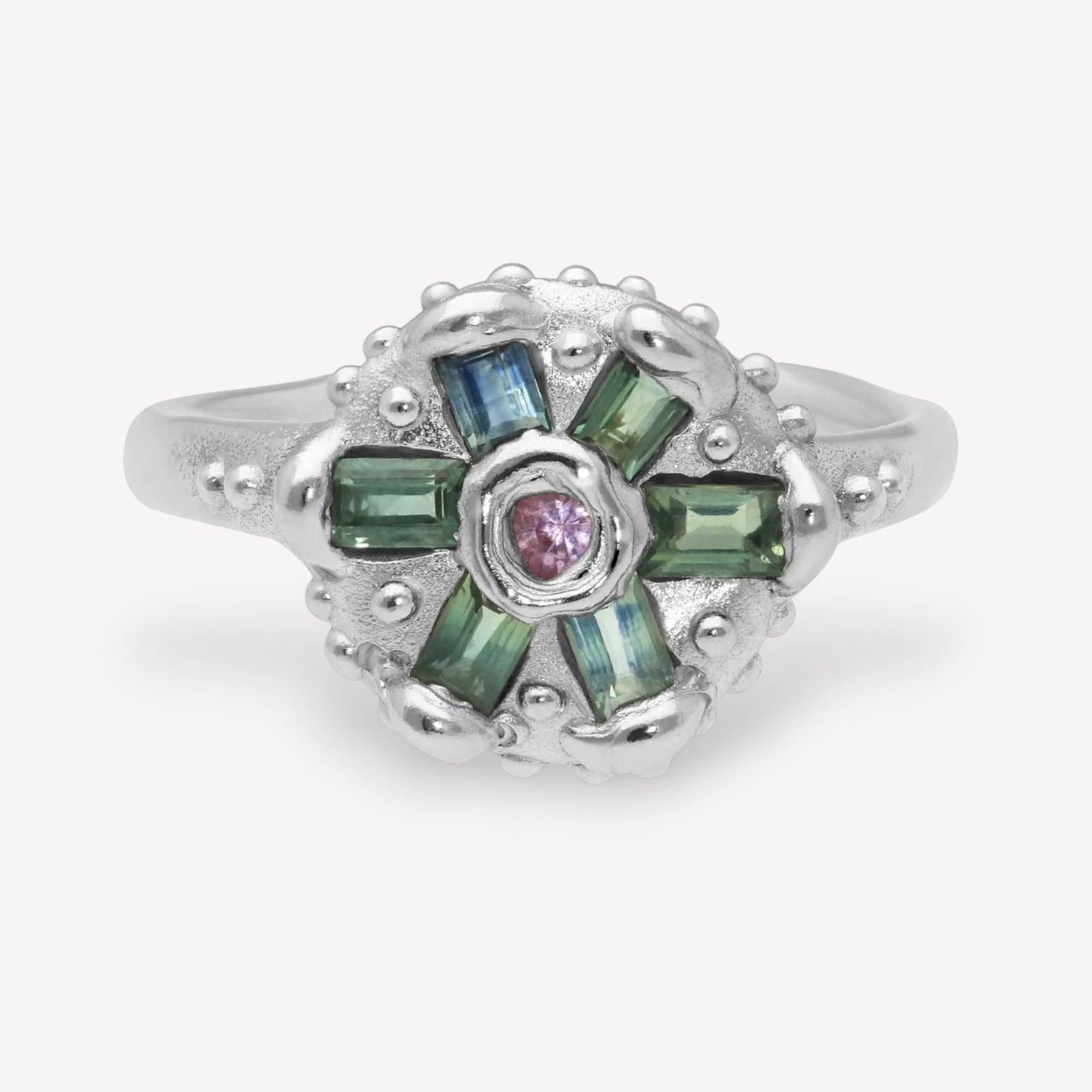 URCHIN Ring with Green & Pink Sapphires Silver