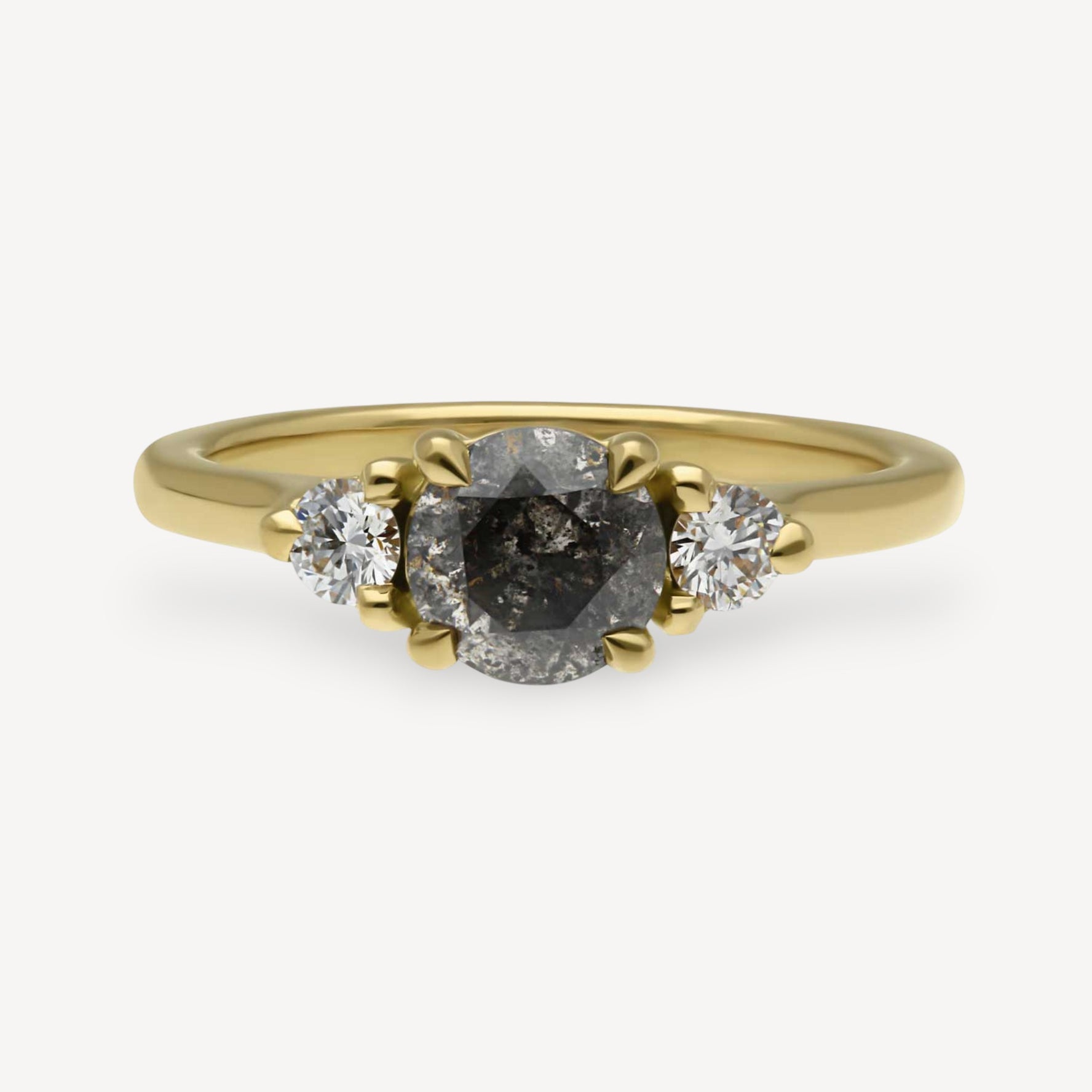 STELLA Round Salt and Pepper Diamond Yellow Gold Trilogy Engagement Ring