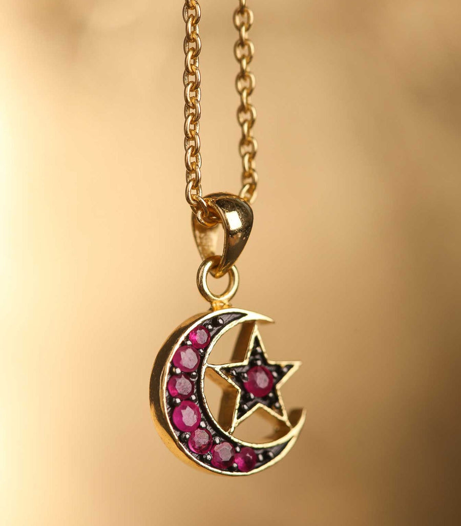 Sweet Marie Moon & Star Pendant Necklace with Ruby at ethical jeweller EC One London