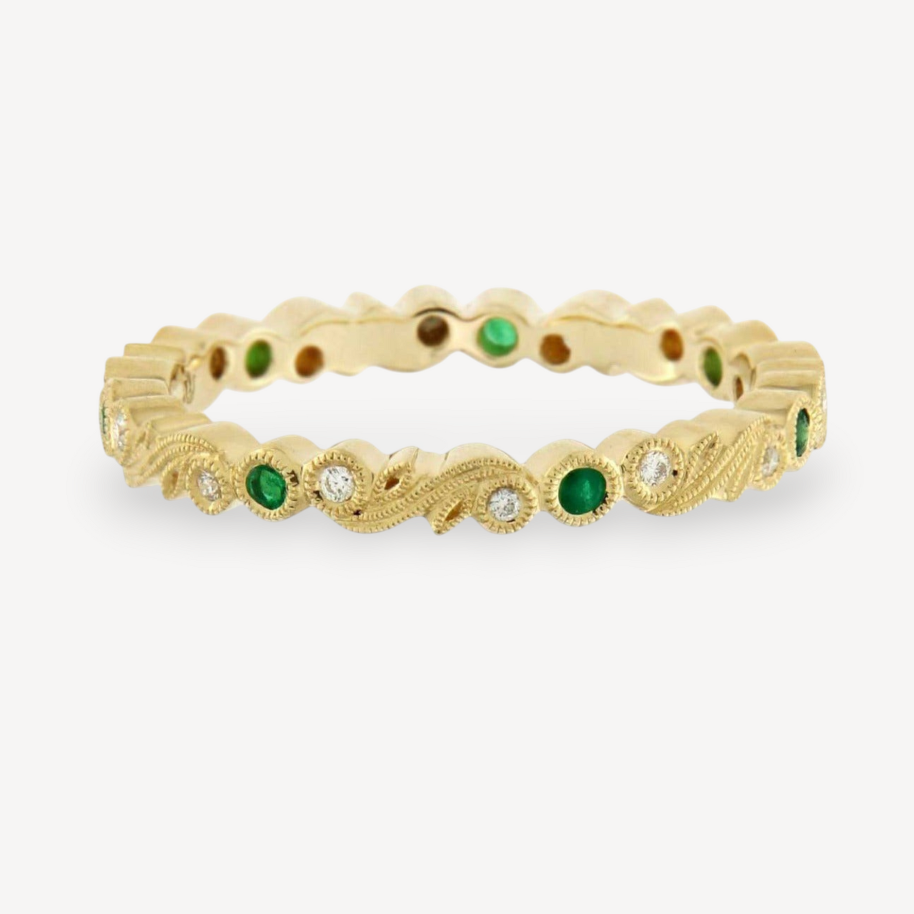 Ungar and Ungar at EC One London Skinny Floral Band in Yellow Gold with Emeralds and diamonds