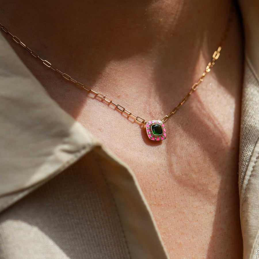 STELLA Gold Necklace with Chrome Diopside and Neon Pink Enamel by Van Den Abeele at EC One London