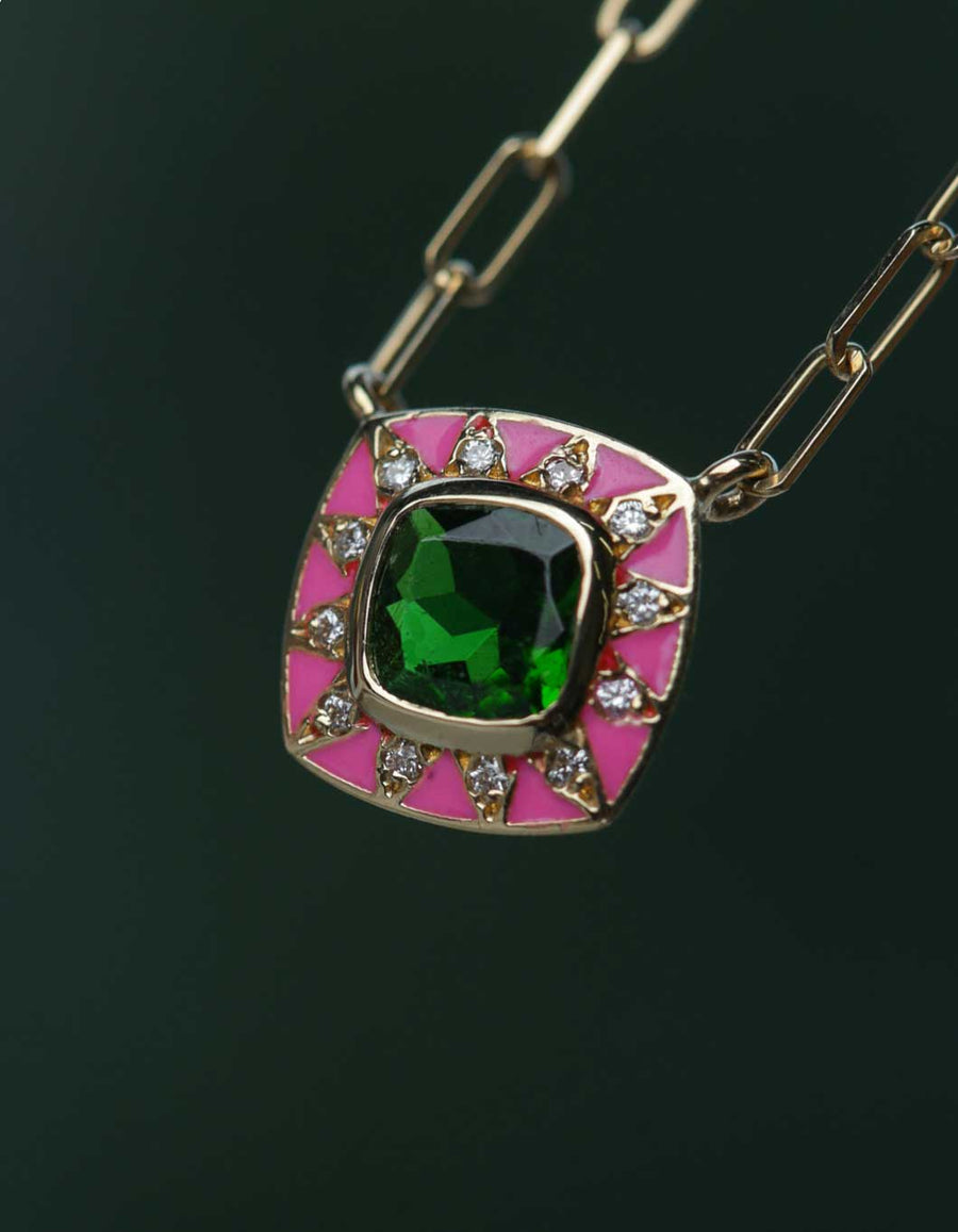 STELLA Gold Necklace with Chrome Diopside and Neon Pink Enamel by Van Den Abeele at EC One London