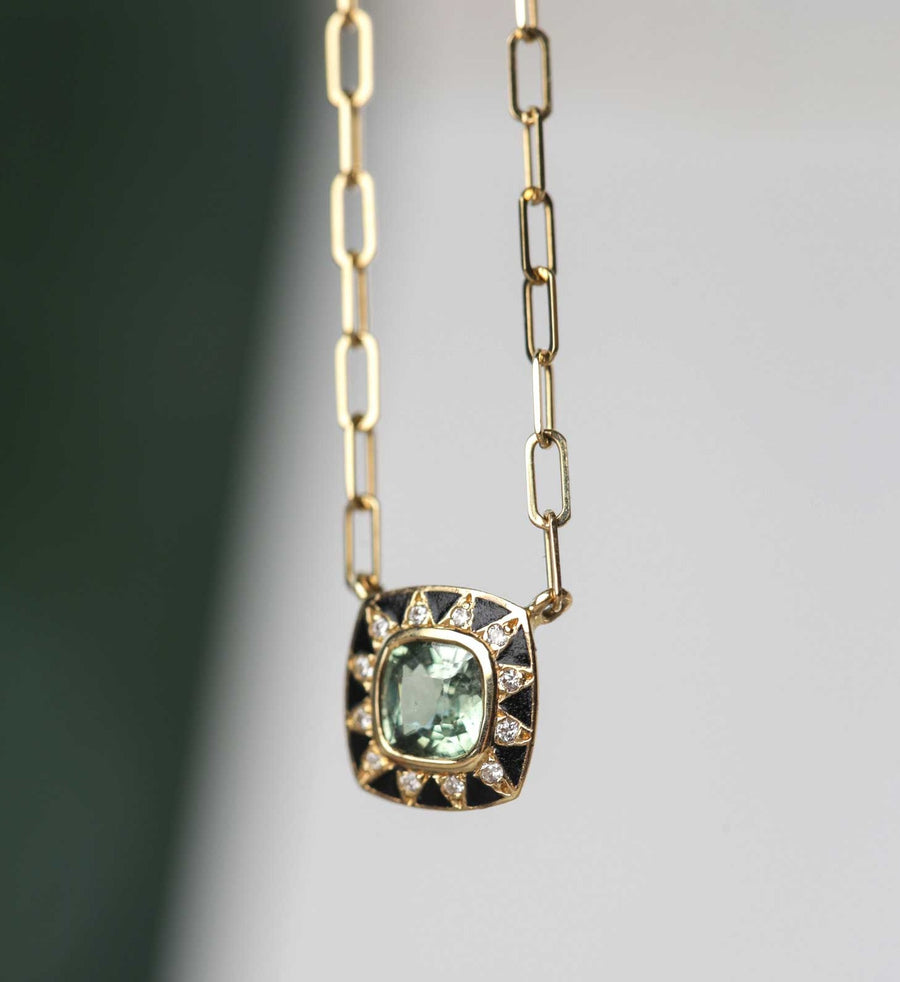 STELLA Gold Necklace with Green Amethyst and Black Enamel by Van Den Abeele at EC One London