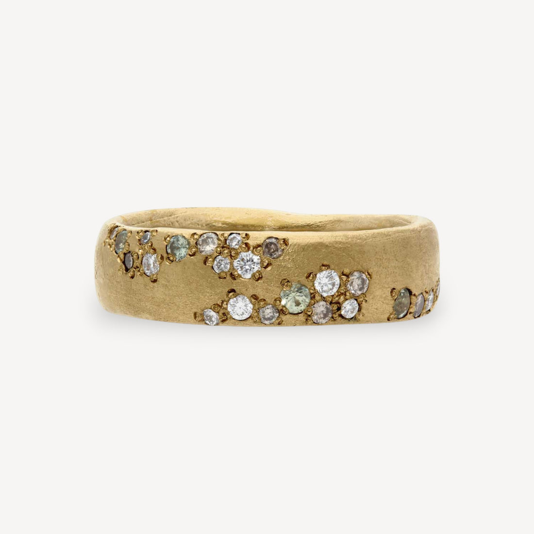 Wide Gold Ring with Mixed Diamonds and Green Sapphires
