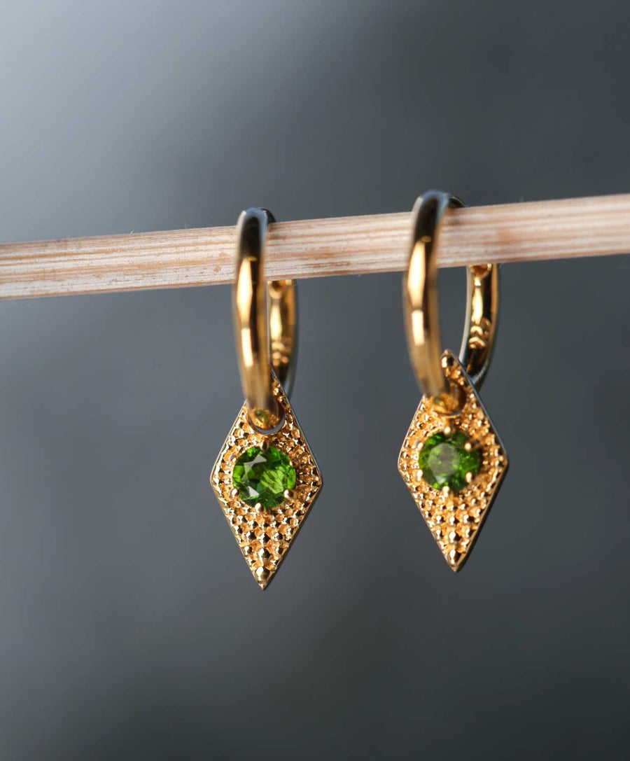 Zoe and Morgan ZINNIA Chrome Diopside Gold Plated Drop Earrings at ethical jewellers EC One London