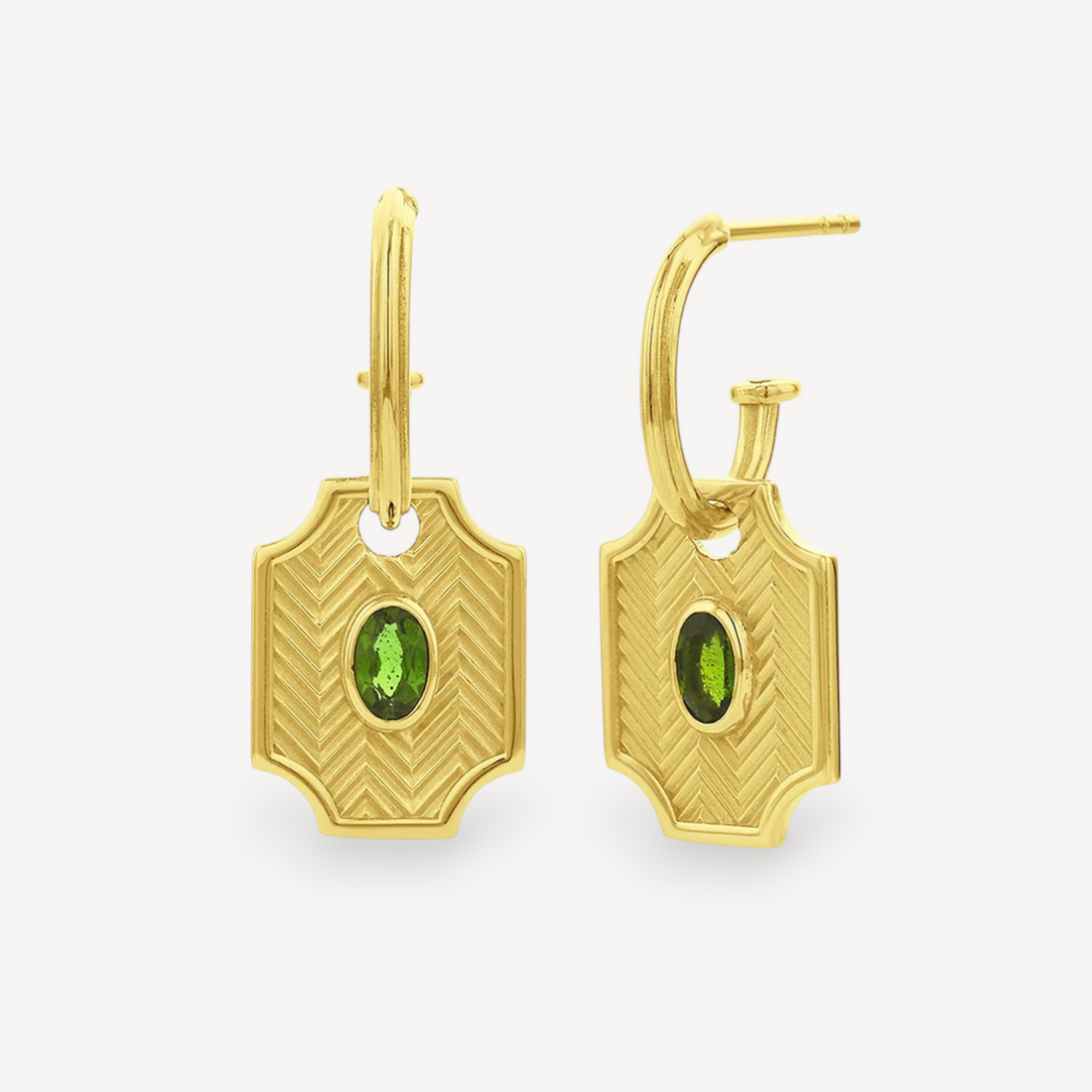 EC One SOUL SISTER gold plated hoop earrings featuring rectangular charms with a textured chevron pattern and green chrome diopside stones.