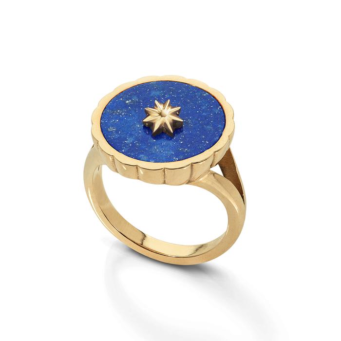 Flora Bhattachary at EC One Asmani Tara Star Cocktail Ring with Lapis in recycled 9ct yellow gold