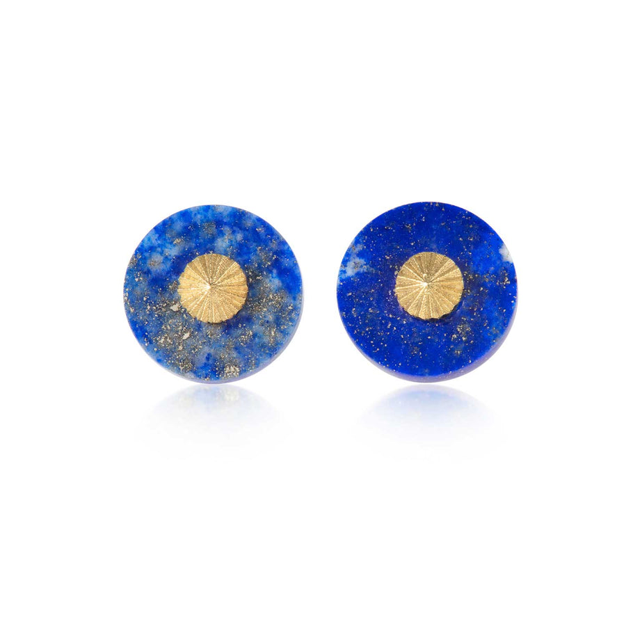 Flora Bhattachary at EC One Asmani Tara Surya Sun Studs with Lapis in recycled yellow gold