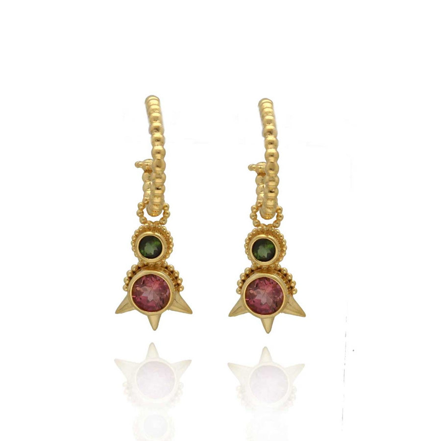 Aurelie Dellasanta Green & Pink Tourmaline Spike Hoop Earrings