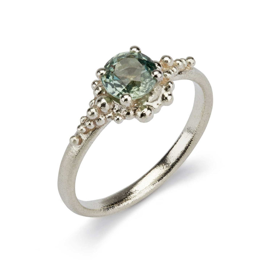 Hannah Bedford at EC One London ethical green sapphire and recycled white gold solitaire cluster ring