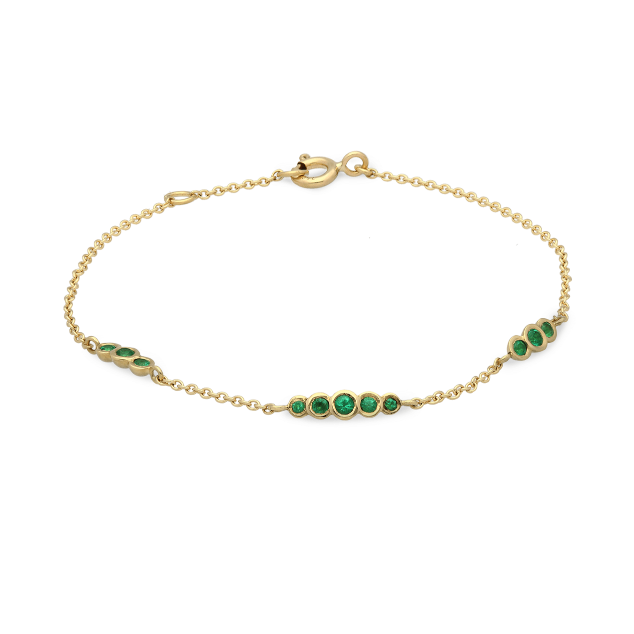 EC One's Dainty Emerald and recycled yellow gold bracelet hand made in our  London B Corp workshop