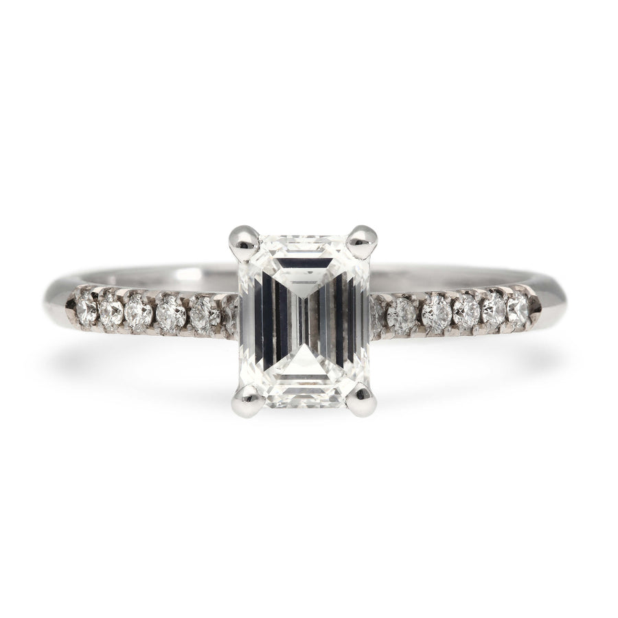 EC One's Nancy emerald cut diamond engagement ring made in London