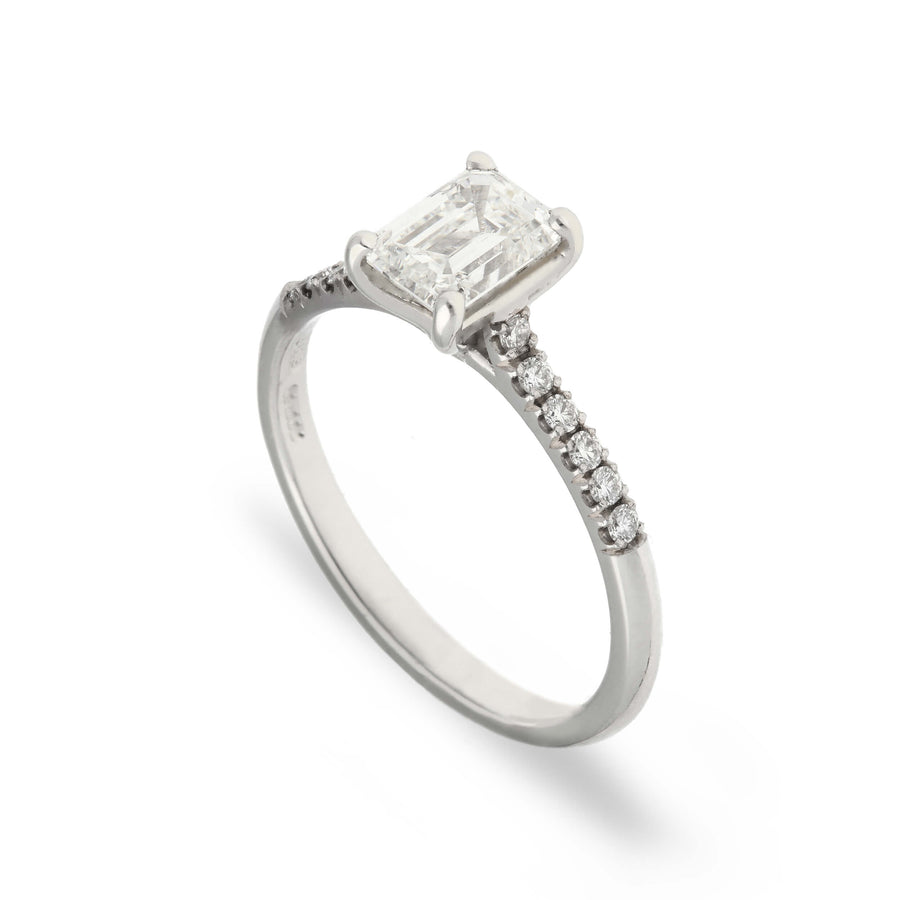 EC One's Nancy emerald cut diamond engagement ring made in London