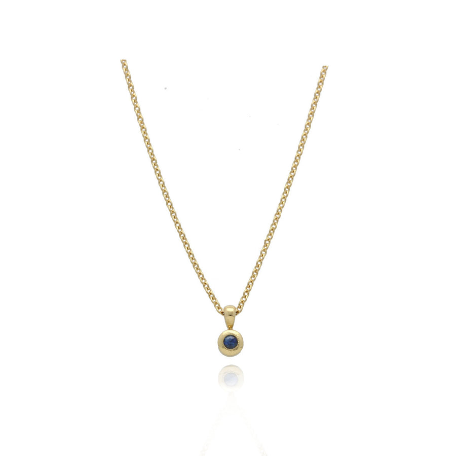 EC One Little Blue Sapphire Rub-over Pendant recycled Yellow Gold made in our B Corp London workshop