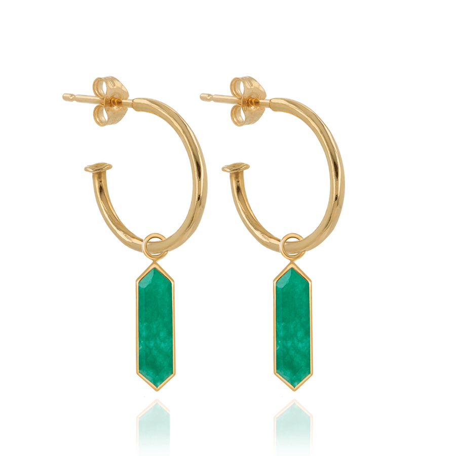 Gold Hoops with Emerald-Quartz HEXA Drops Pair