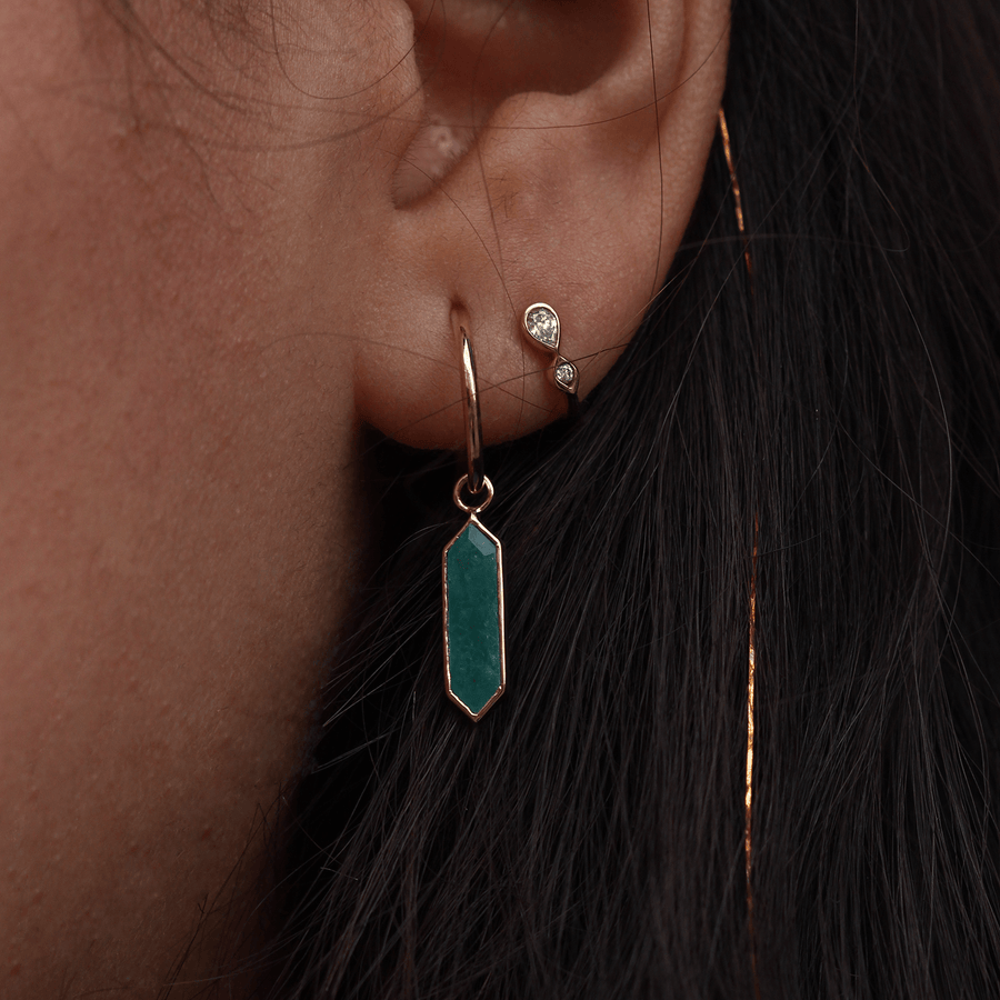 Gold Hoops with Emerald-Quartz HEXA Drops Pair
