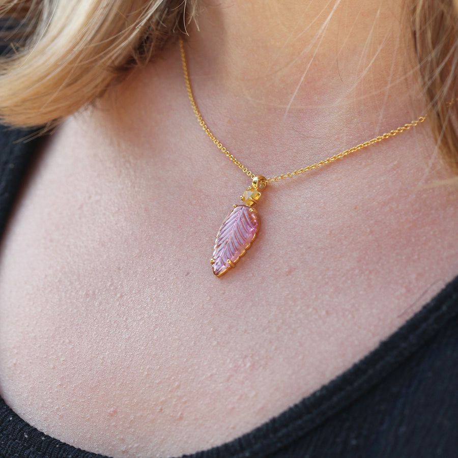 Small Carved Tourmaline and Opal Gold Necklace