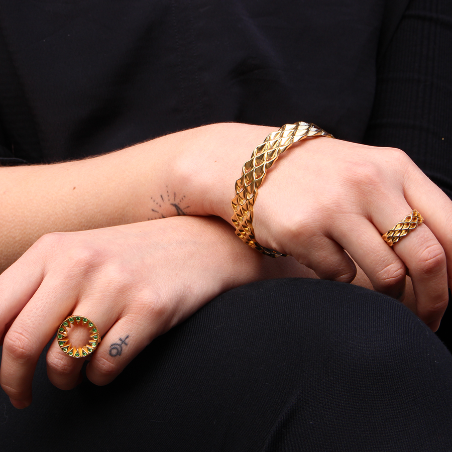 Wide Gold Abshar Bangle gold plated recycled silver by Flora Bhatachary at EC One London