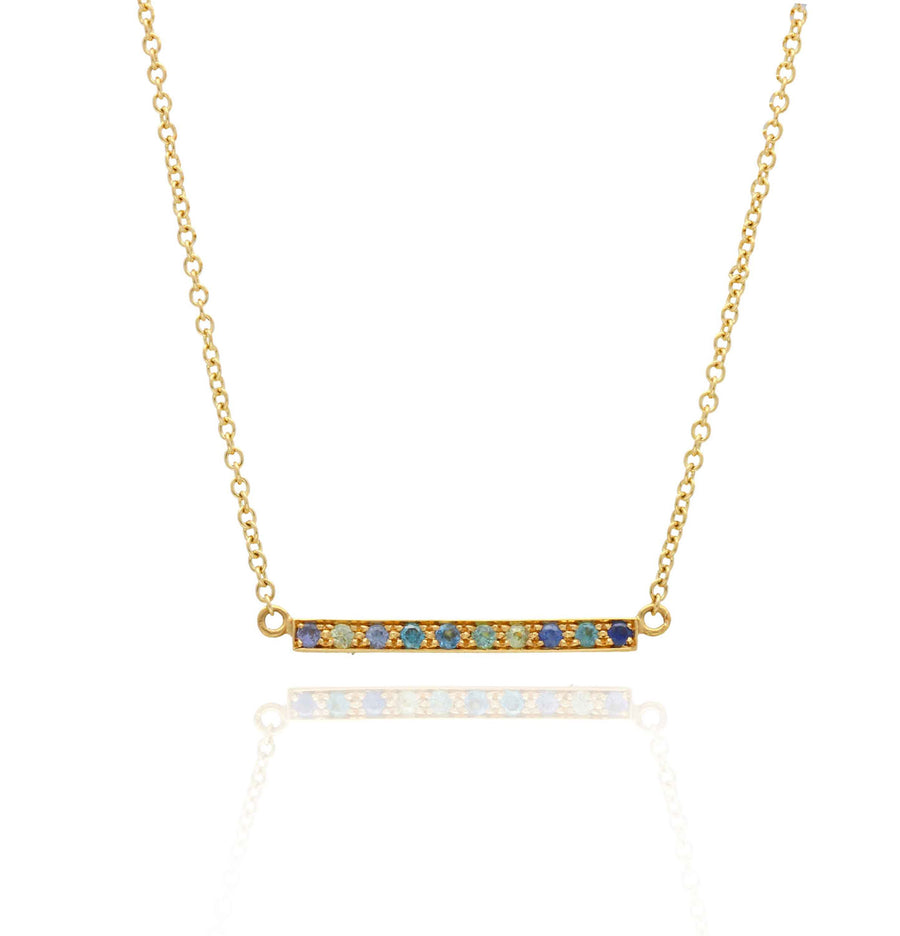 EC One Long Kaleidoscope Gold Bar Necklace in Mixed Blue & Green Gemstones