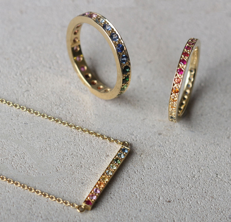 EC One "Kaleidoscope" recycled Gold and gemstone bar necklace and eternity rings