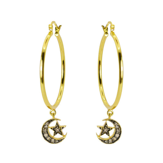 Sweet Marie Large Hoops with Diamond Crescent Moons at EC One